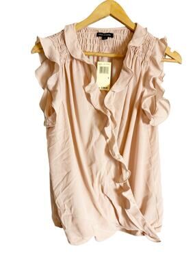 Max Edition Blush Pink Surplice V-Neck Smocked Ruffled Preppy Blouse Size Small